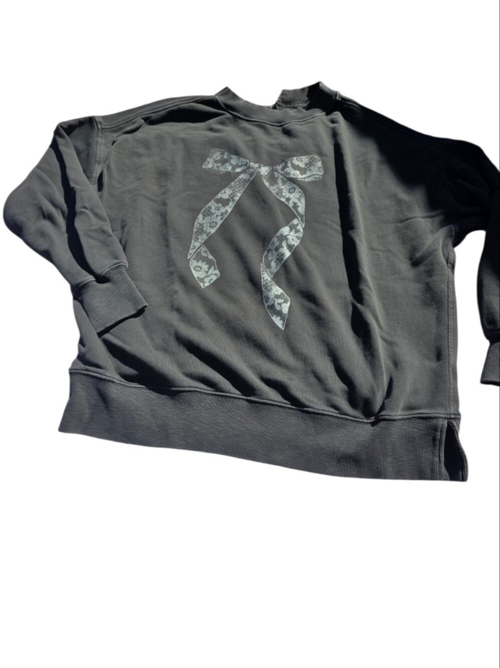 Aerie Black Crewneck Sweater with Decorative Bow Graphic